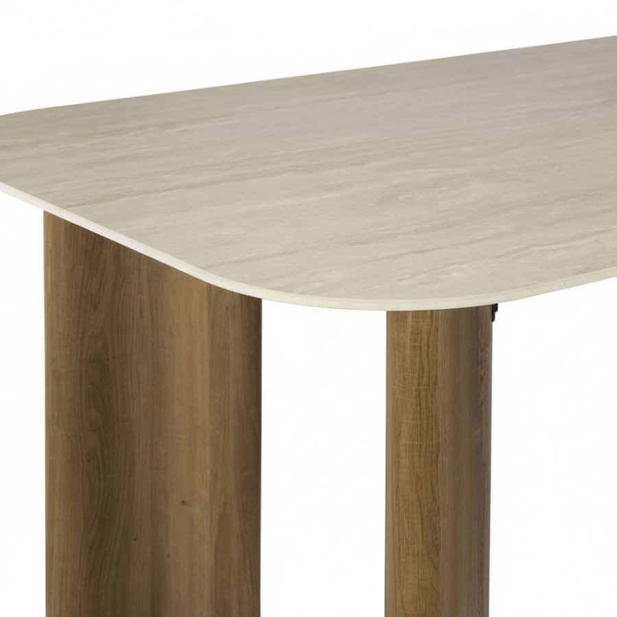 Table &agrave; manger rectangulaire en c&eacute;ramique beige pieds couleur ch&ecirc;ne 180 cm